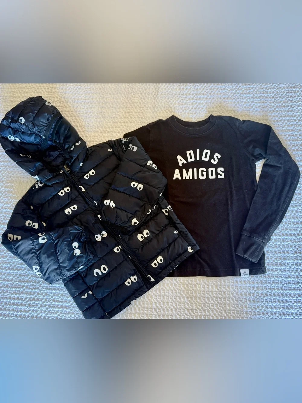 Black 'Adios Amigos' Cool Graphic Tee & GAP Black Eye-Print Puffer Jacket Set